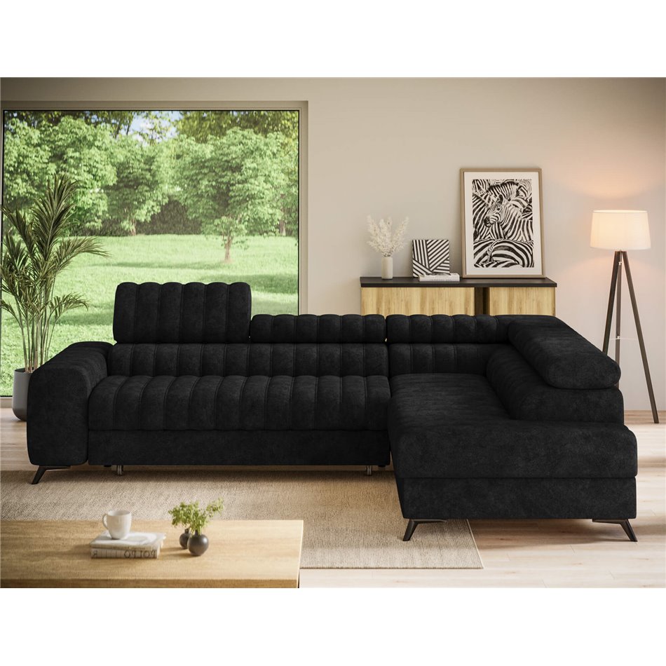 Corner sofa Elkanedo R, sleeping function, Aura 06, velvet, black, H86x269x204cm