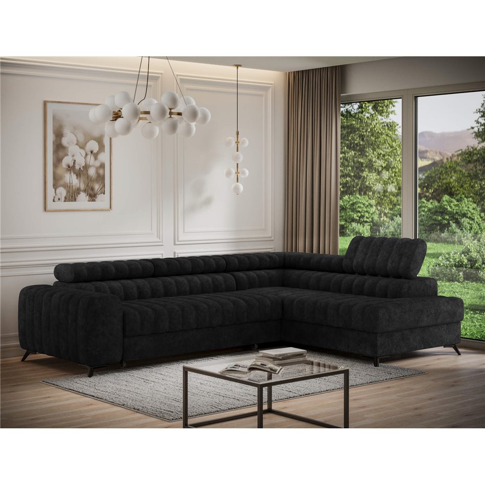 Corner sofa Elkanedo R, sleeping function, Aura 06, velvet, black, H86x269x204cm