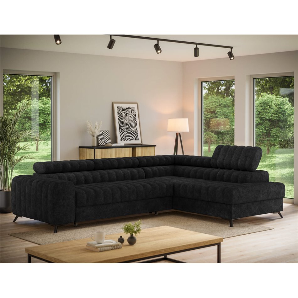 Corner sofa Elkanedo R, sleeping function, Aura 06, velvet, black, H86x269x204cm