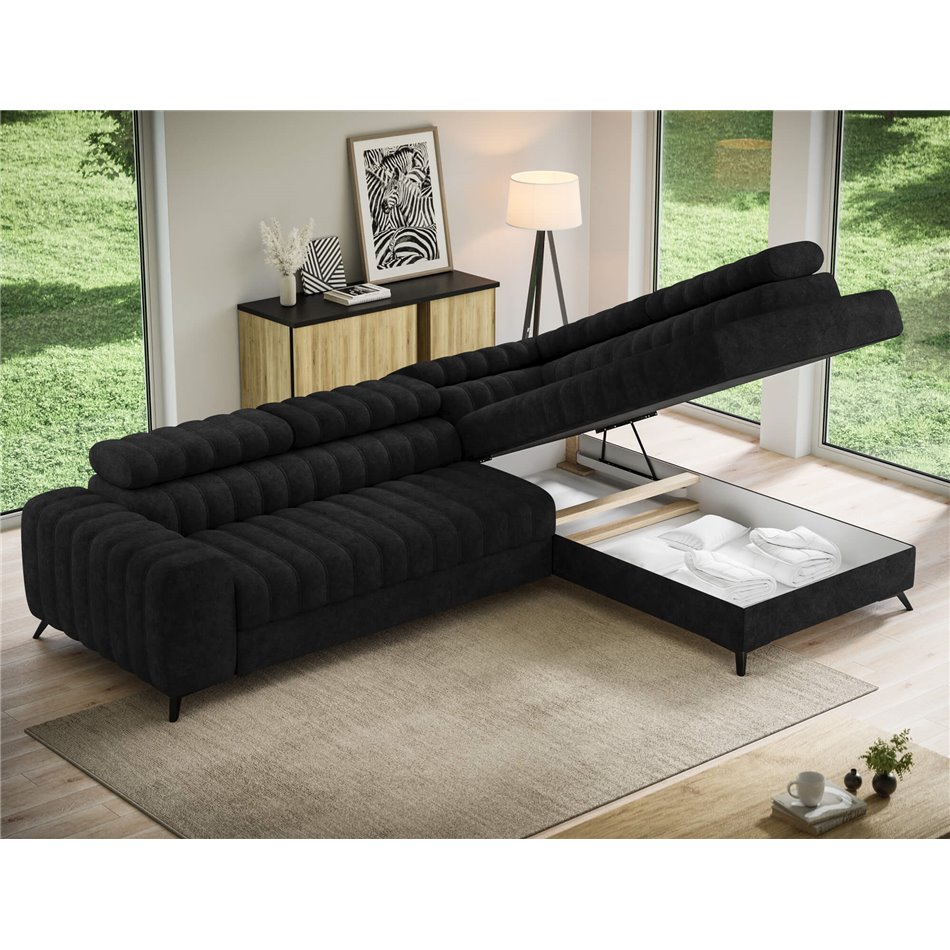 Corner sofa Elkanedo R, sleeping function, Aura 06, velvet, black, H86x269x204cm