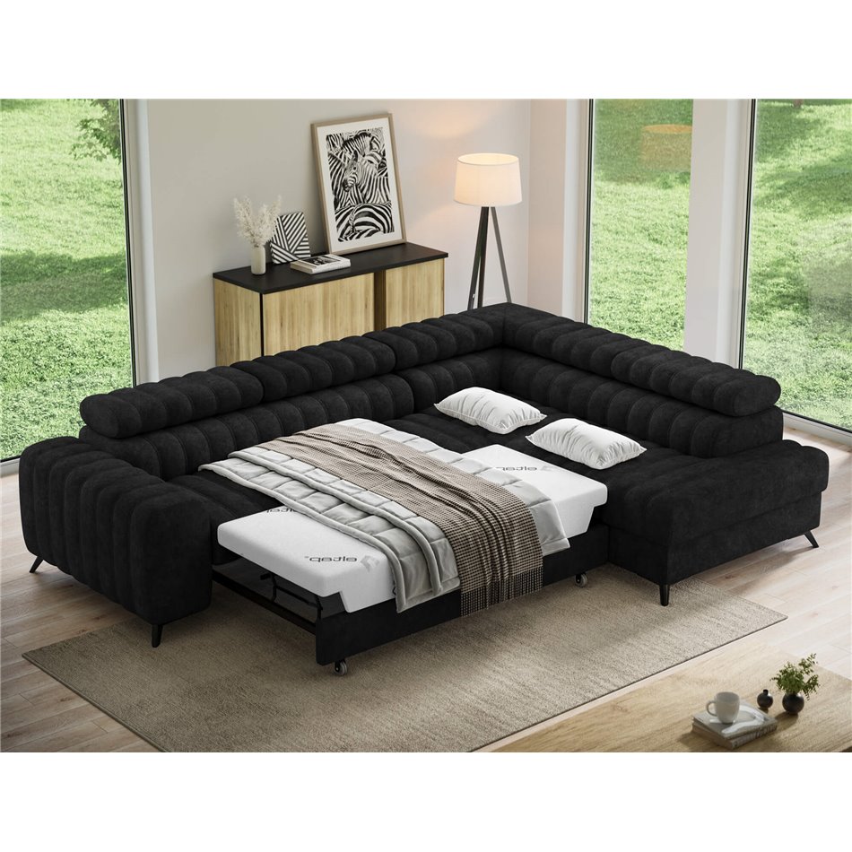 Corner sofa Elkanedo R, sleeping function, Aura 06, velvet, black, H86x269x204cm