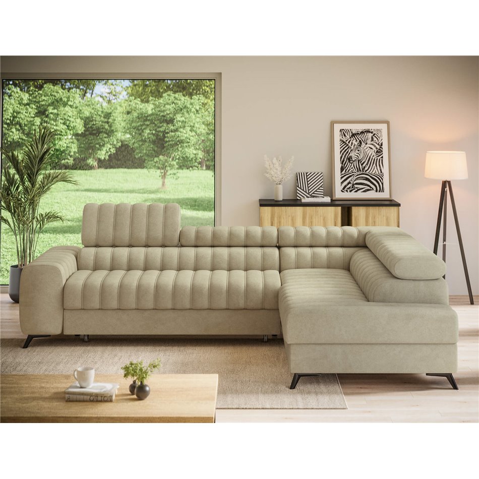 Corner sofa Elkanedo R, sleeping function, Aura 18, velvet, beige, H86x269x204cm