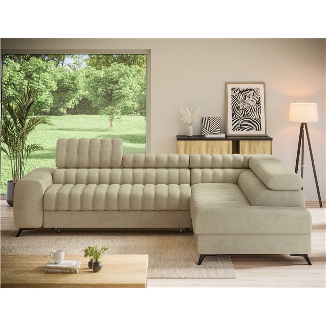 Corner sofa Elkanedo R, sleeping function, Aura 18, velvet, beige, H86x269x204cm