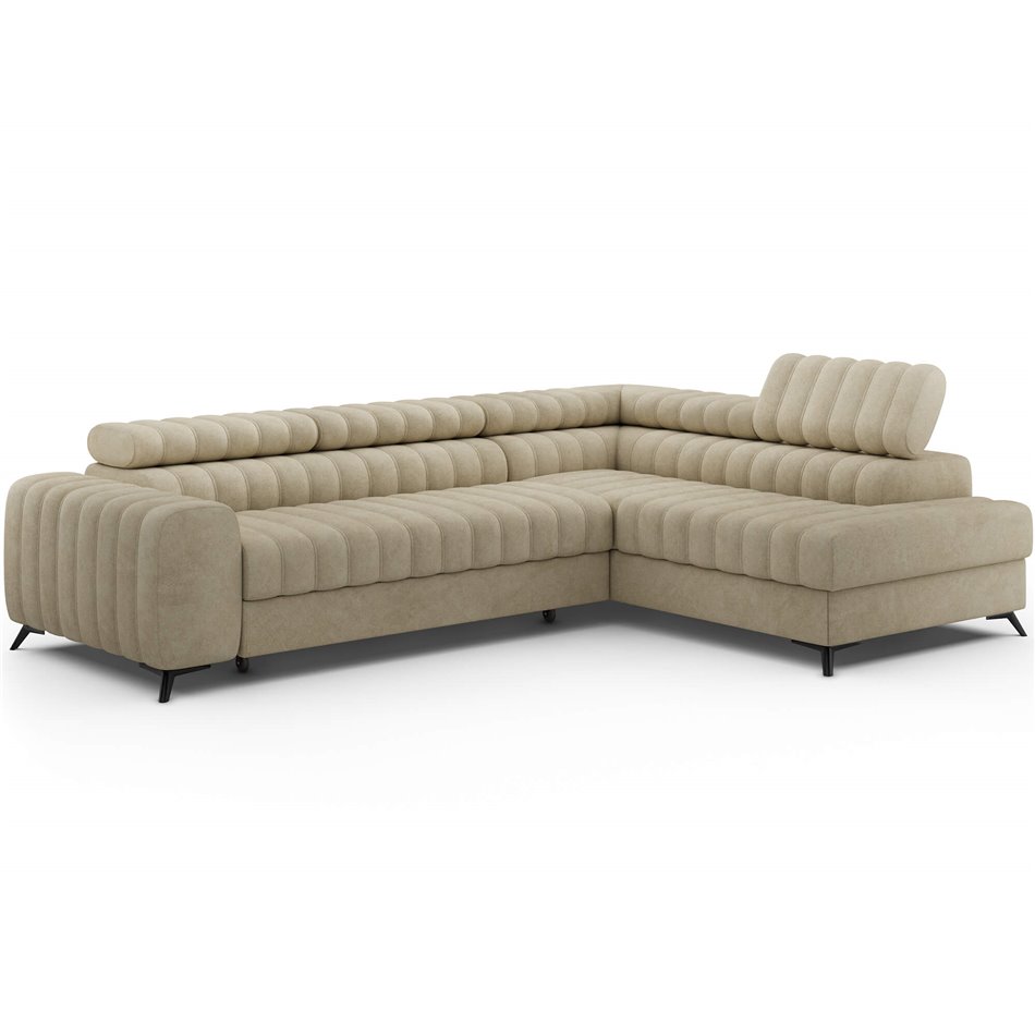 Corner sofa Elkanedo R, sleeping function, Aura 18, velvet, beige, H86x269x204cm
