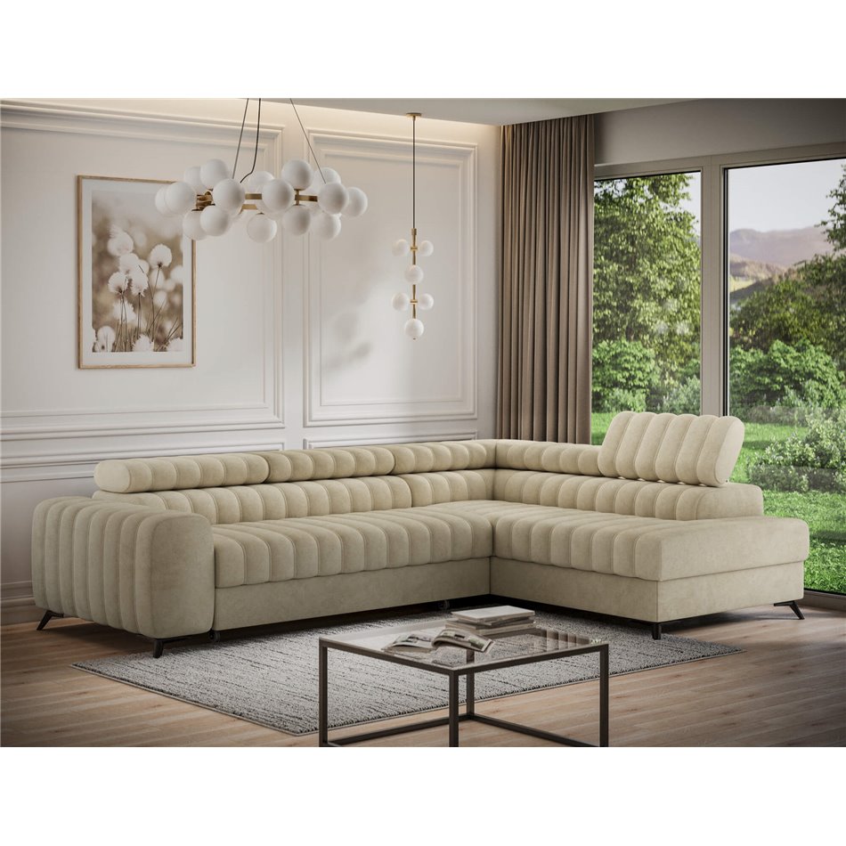 Corner sofa Elkanedo R, sleeping function, Aura 18, velvet, beige, H86x269x204cm