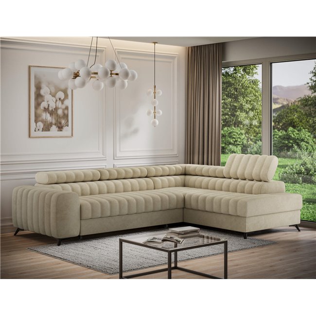 Corner sofa Elkanedo R, sleeping function, Aura 18, velvet, beige, H86x269x204cm