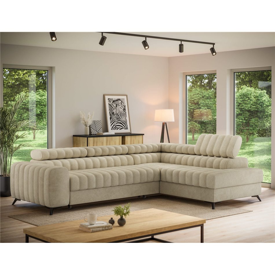 Corner sofa Elkanedo R, sleeping function, Aura 18, velvet, beige, H86x269x204cm