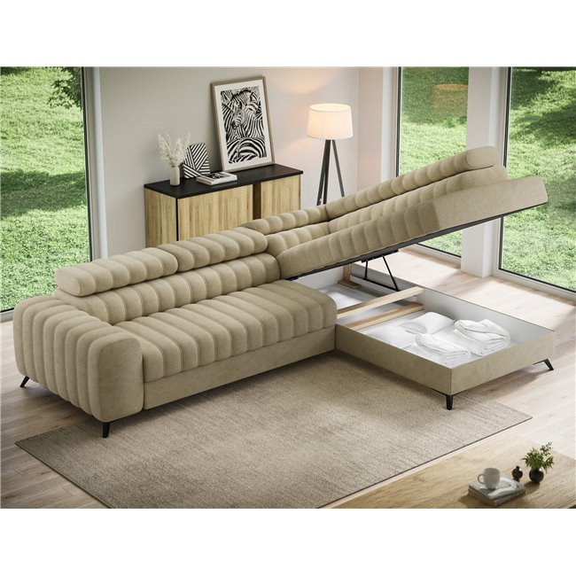 Corner sofa Elkanedo R, sleeping function, Aura 18, velvet, beige, H86x269x204cm