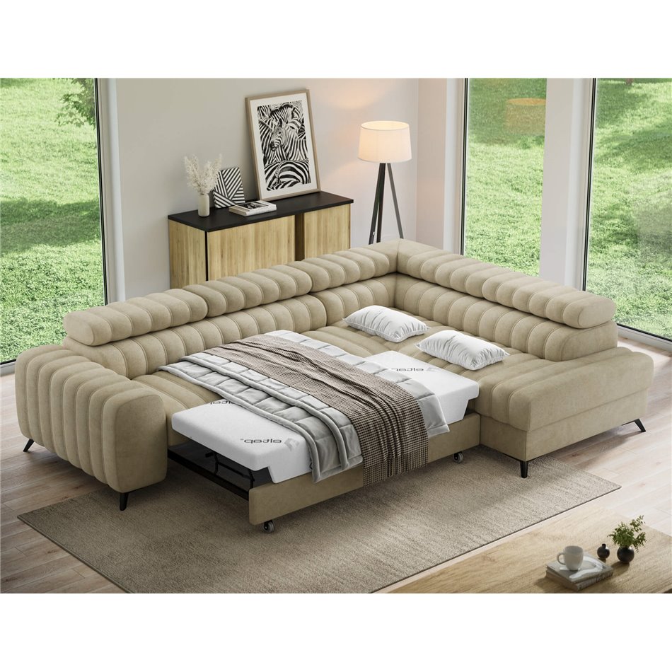Corner sofa Elkanedo R, sleeping function, Aura 18, velvet, beige, H86x269x204cm
