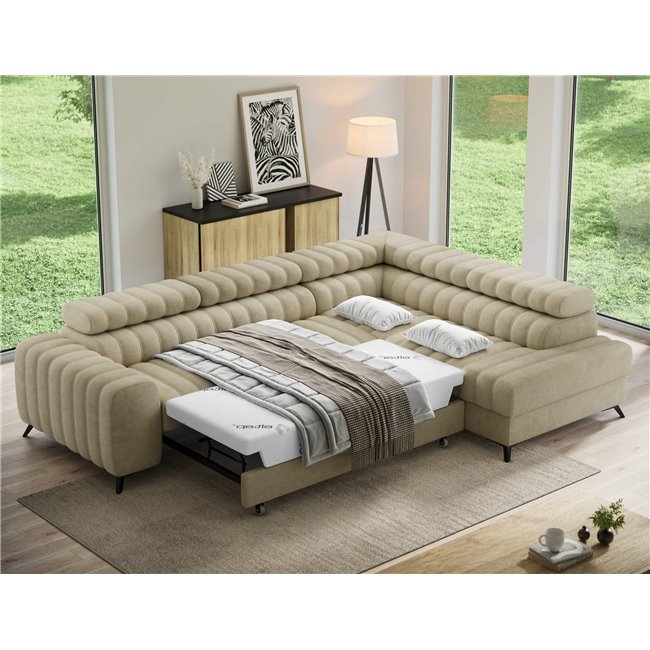 Corner sofa Elkanedo R, sleeping function, Aura 18, velvet, beige, H86x269x204cm