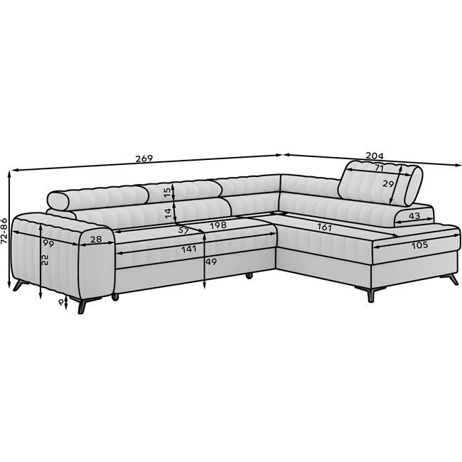 Corner sofa Elkanedo R, sleeping function, Aura 18, velvet, beige, H86x269x204cm