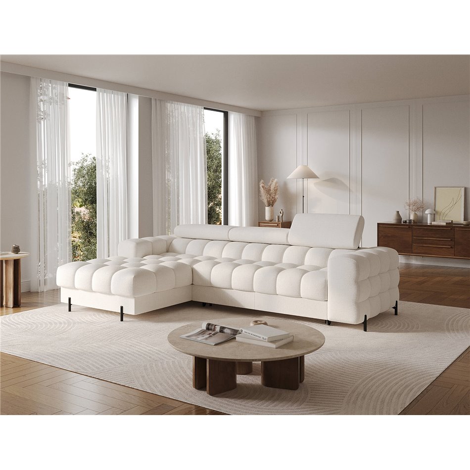 Corner sofa Elferlo L, sleeping function, Amore 01, boucle, white, H93x285x181cm