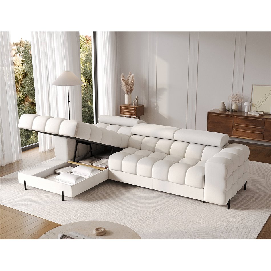 Corner sofa Elferlo L, sleeping function, Amore 01, boucle, white, H93x285x181cm