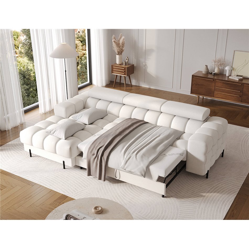 Corner sofa Elferlo L, sleeping function, Amore 01, boucle, white, H93x285x181cm
