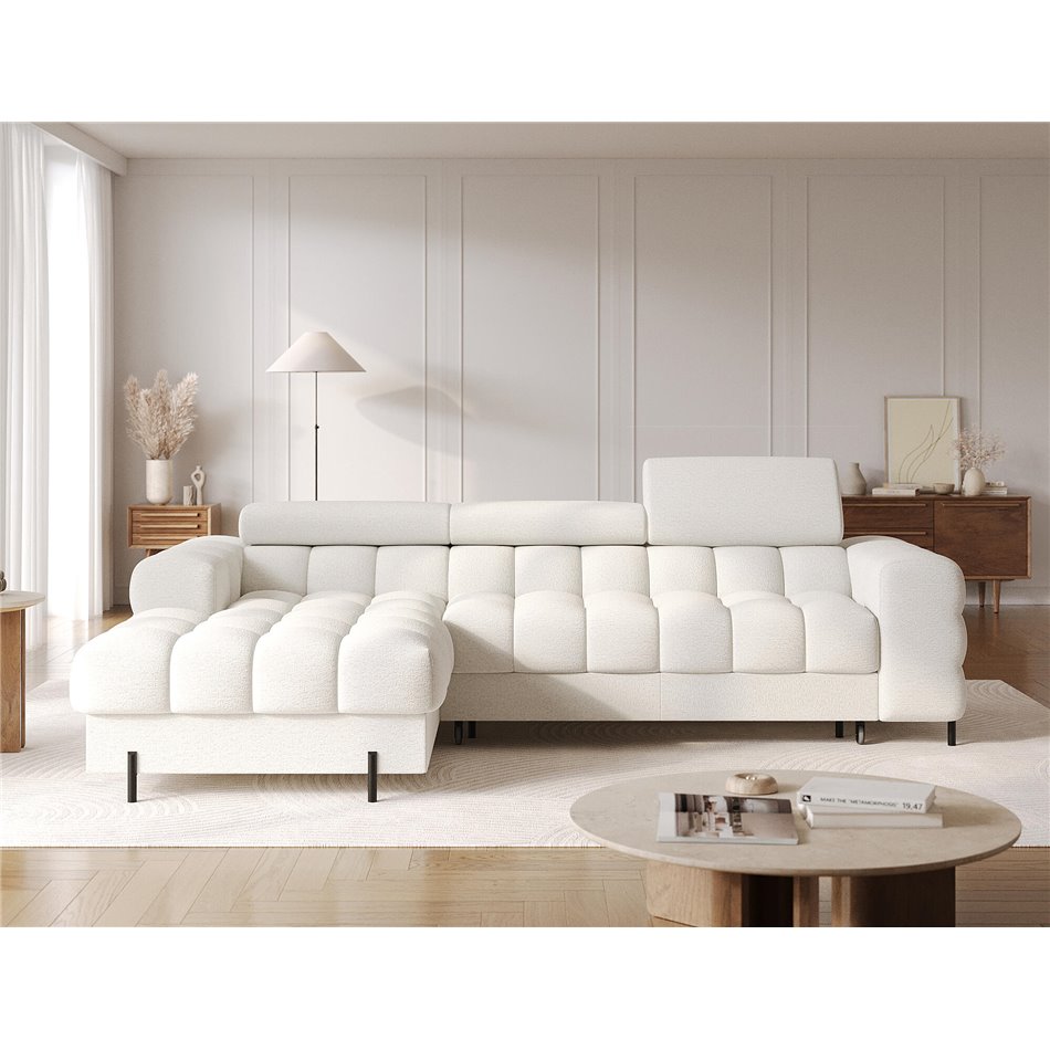 Угловой диван Elferlo L, раздвижной, Royal 01, букле, белый, H93x285x181cm