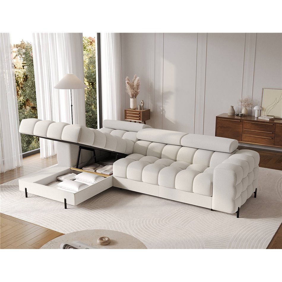 Угловой диван Elferlo L, раздвижной, Royal 01, букле, белый, H93x285x181cm