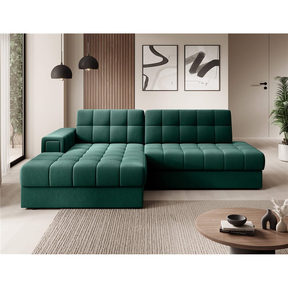 Corner sofa Elezalt L, sleeping function, Lukso 35, velvet, green, H82x240x150cm