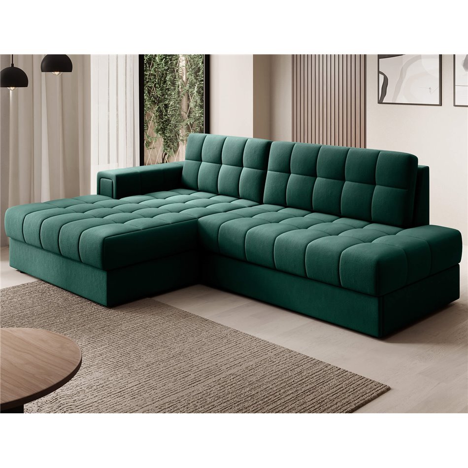 Corner sofa Elezalt L, sleeping function, Lukso 35, velvet, green, H82x240x150cm