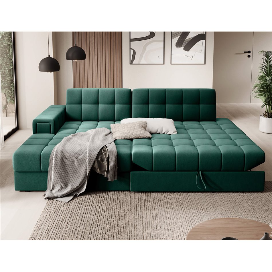 Corner sofa Elezalt L, sleeping function, Lukso 35, velvet, green, H82x240x150cm