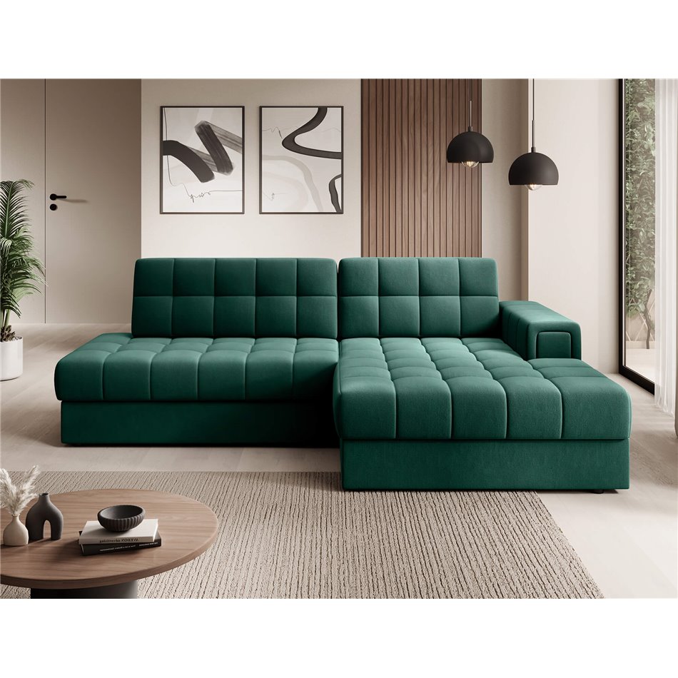 Corner sofa Elezalt R, sleeping function, Lukso 35, velvet, green, H82x240x150cm