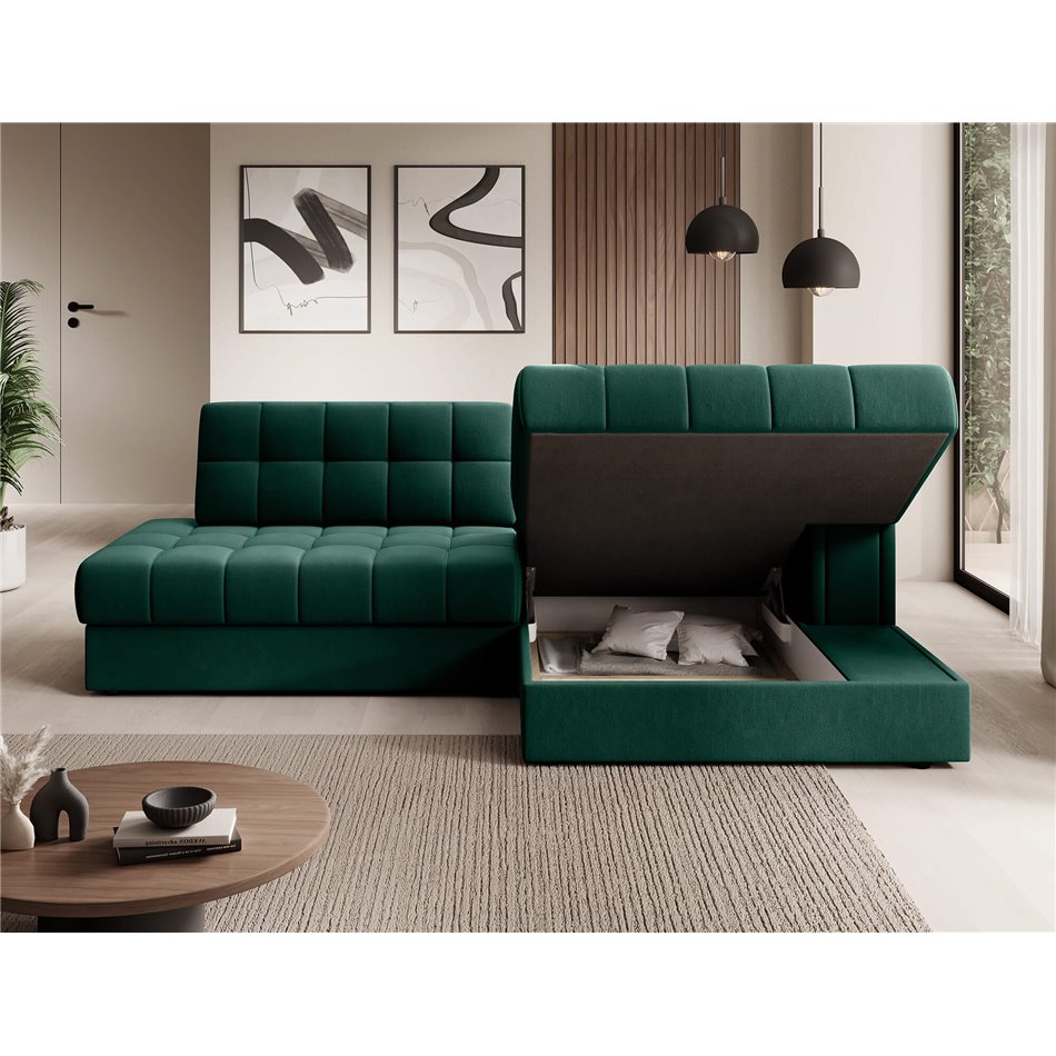 Corner sofa Elezalt R, sleeping function, Lukso 35, velvet, green, H82x240x150cm