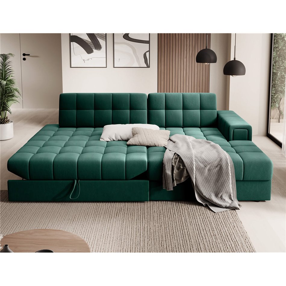 Corner sofa Elezalt R, sleeping function, Lukso 35, velvet, green, H82x240x150cm