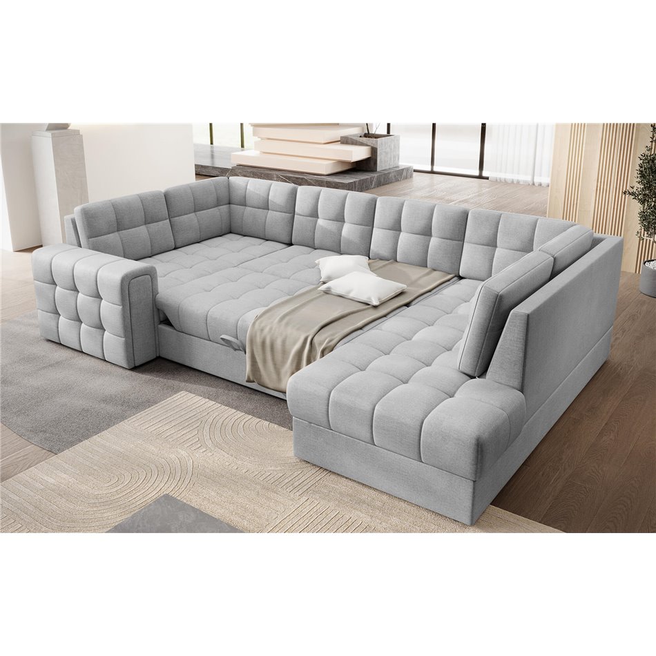Corner sofa Elewett R, sleeping function, Monolith 84, velvet, grey, H82x299x198cm