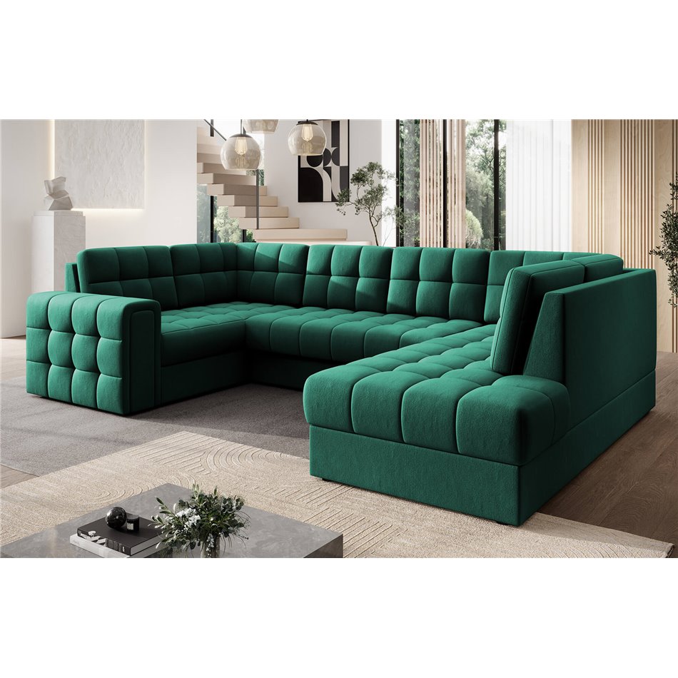 Corner sofa Elewett R, sleeping function, Lukso 35, velvet, green, H82x299x198cm