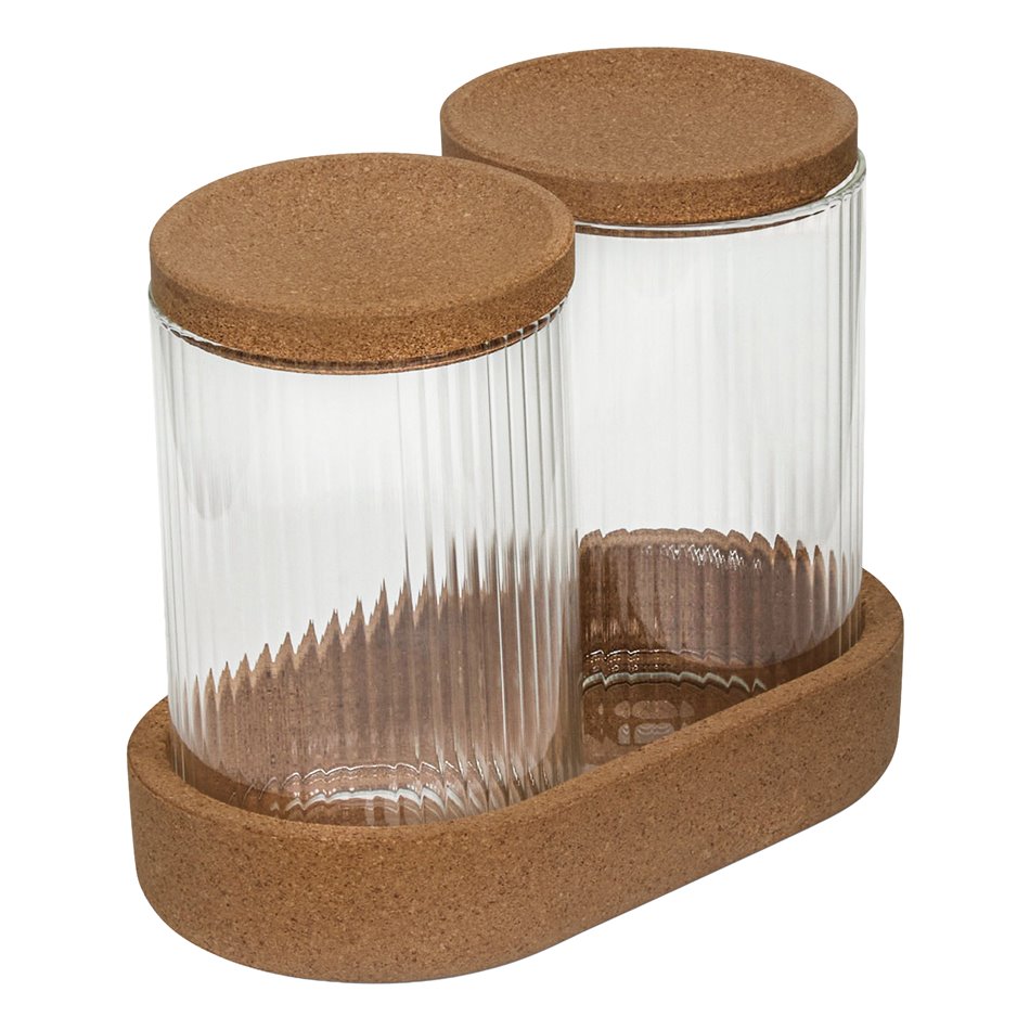 LOT ORGANISER x2, glass, with cork wood pad and lids, H13.6x17.6x9.6cm