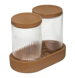 Indai x2, stiklinis, su kamštiniu padėklu ir dangteliais, H13.6x17.6x9.6cm