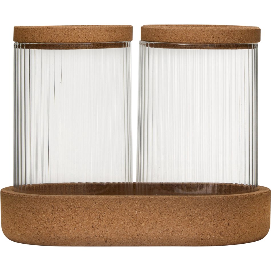LOT ORGANISER x2, glass, with cork wood pad and lids, H13.6x17.6x9.6cm