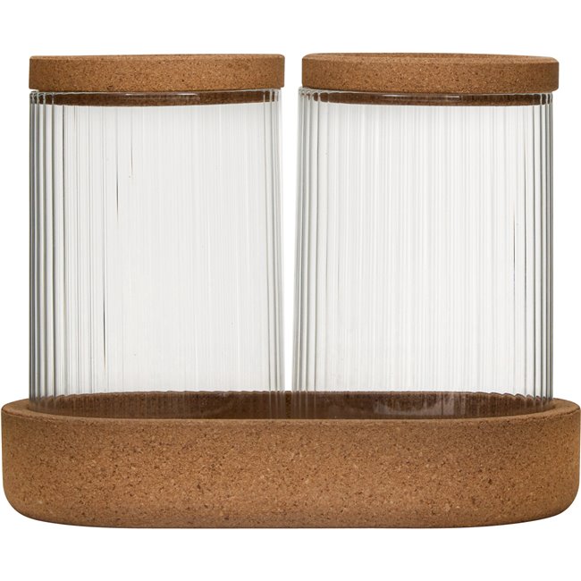 LOT ORGANISER x2, glass, with cork wood pad and lids, H13.6x17.6x9.6cm