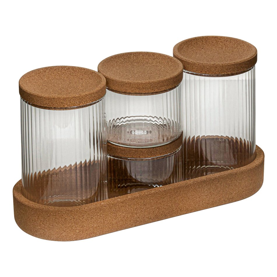 LOT ORGANISER x4 glass,with cork wood pad and lids, H26x14x9.7cm