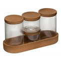 LOT ORGANISER x4 glass,with cork wood pad and lids, H26x14x9.7cm
