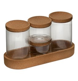 Indai x4, stiklinis, su kamštiniu padėklu ir dangteliais, H26x14x9.7cm