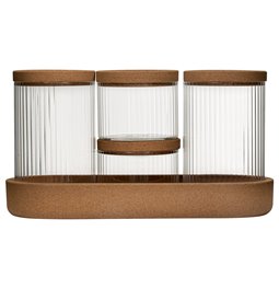 LOT ORGANISER x4 glass,with cork wood pad and lids, H26x14x9.7cm