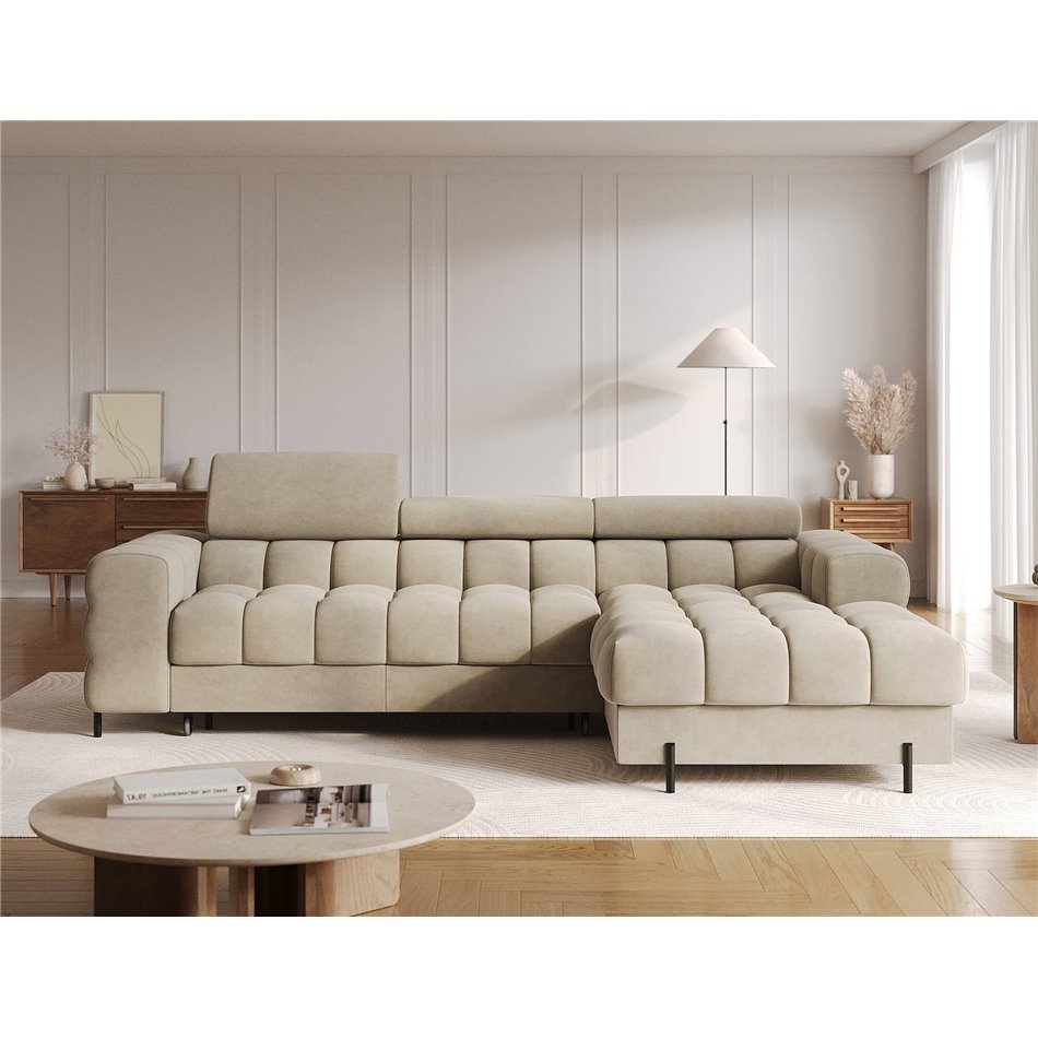 Corner sofa Elferlo R, sleeping function, Aura 18, velvet, beige, H93x285x181cm