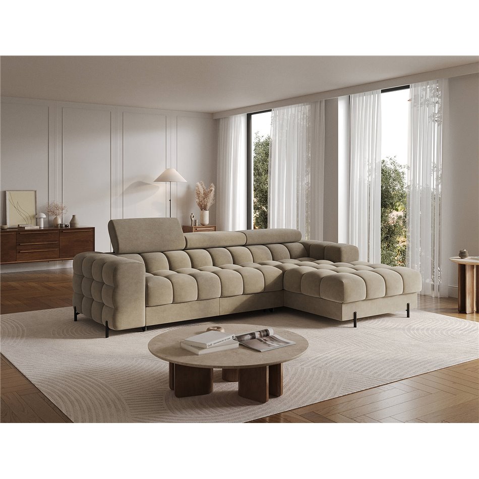 Corner sofa Elferlo R, sleeping function, Aura 18, velvet, beige, H93x285x181cm