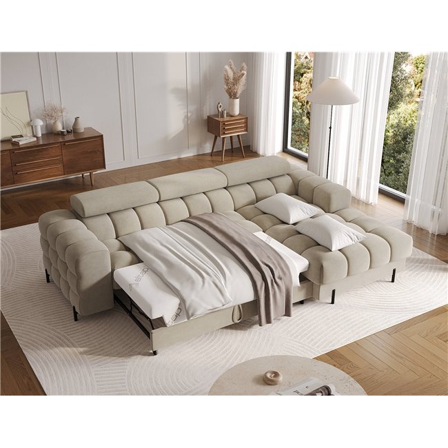 Corner sofa Elferlo R, sleeping function, Aura 18, velvet, beige, H93x285x181cm