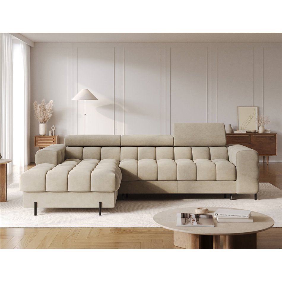 Corner sofa Elferlo L, sleeping function, Aura 18, velvet, beige, H93x285x181cm