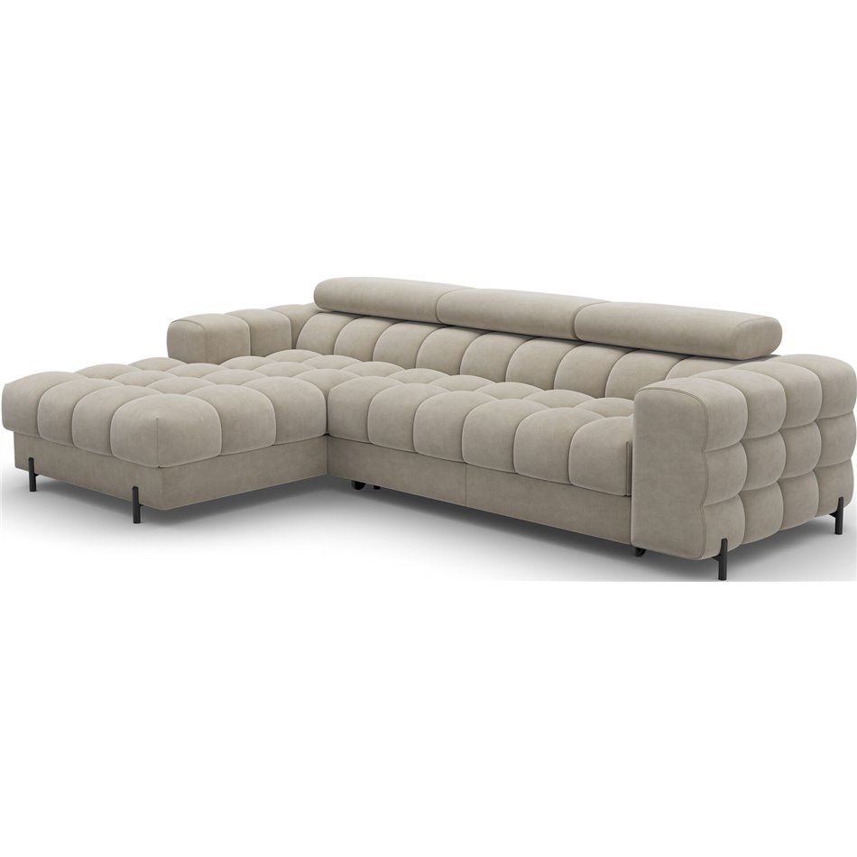 Corner sofa Elferlo L, sleeping function, Aura 18, velvet, beige, H93x285x181cm