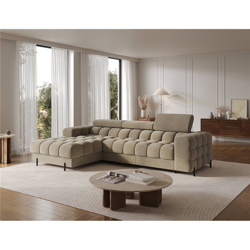 Corner sofa Elferlo L, sleeping function, Aura 18, velvet, beige, H93x285x181cm