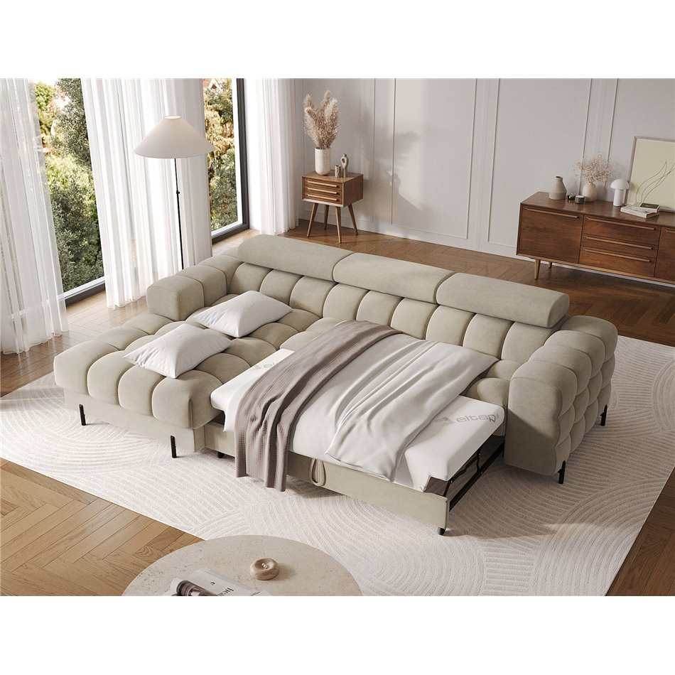 Corner sofa Elferlo L, sleeping function, Aura 18, velvet, beige, H93x285x181cm