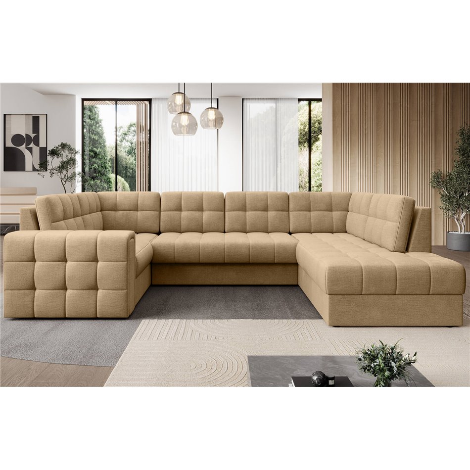 Corner sofa Elewett R, sleeping function, Monolith 09, velvet, light brown, H82x299x198cm