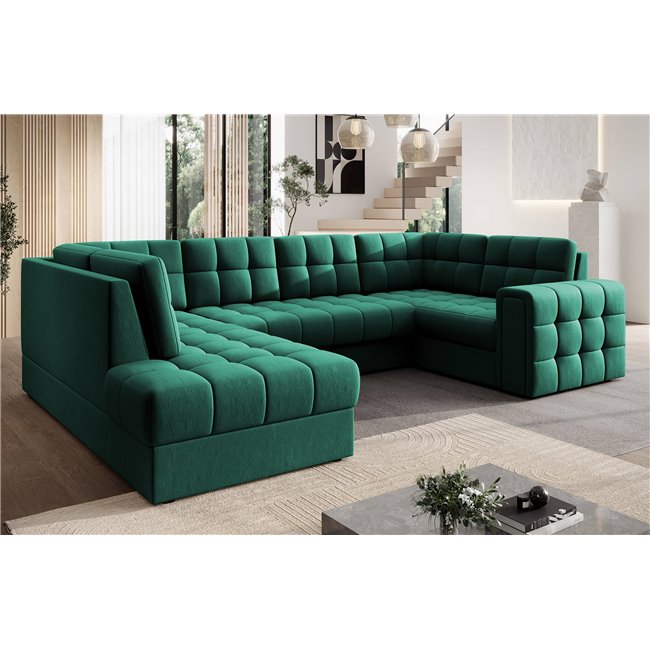 Corner sofa Elewett L, sleeping function, Lukso 35, velvet, green, H82x299x198cm