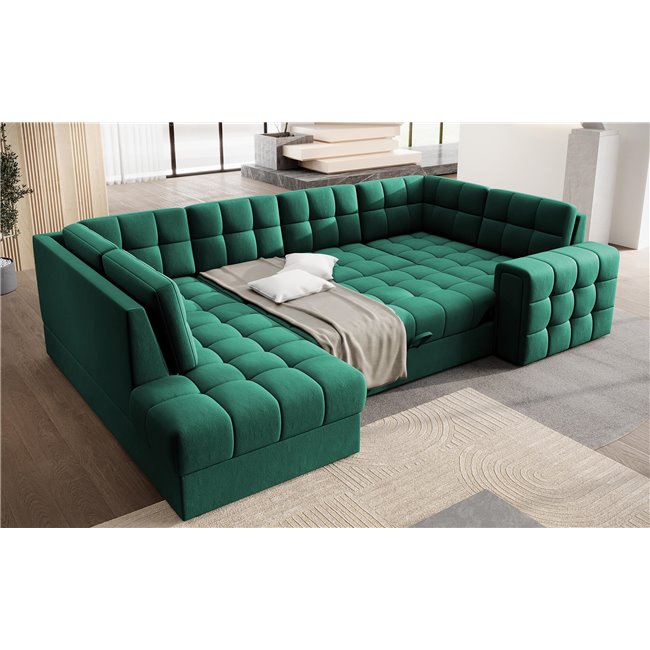 Corner sofa Elewett L, sleeping function, Lukso 35, velvet, green, H82x299x198cm