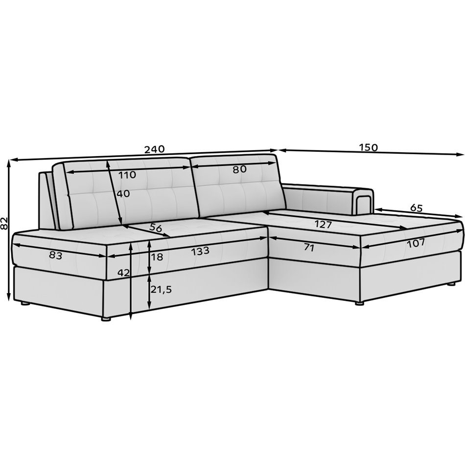Corner sofa Elezalt R, sleeping function, Monolith 84, Monolith 97, velvet, grey, H82x240x150cm