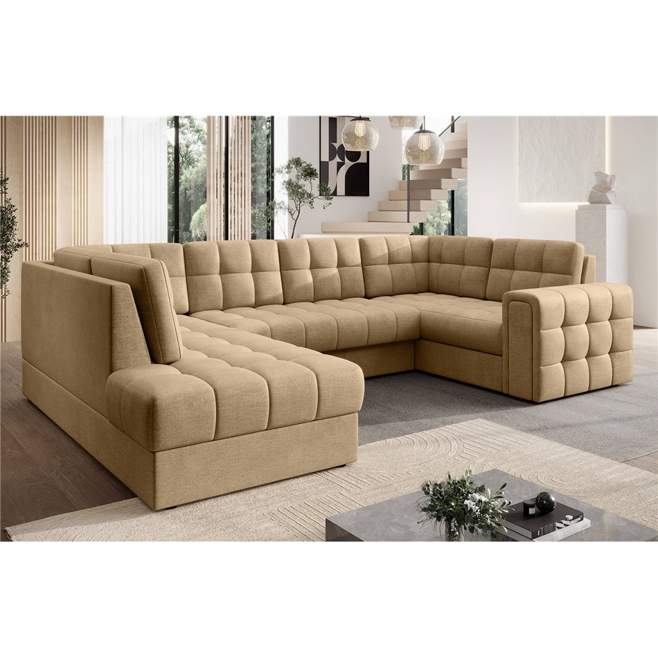 Corner sofa Elewett L, sleeping function, Monolith 09, velvet, light brown, H82x299x198cm