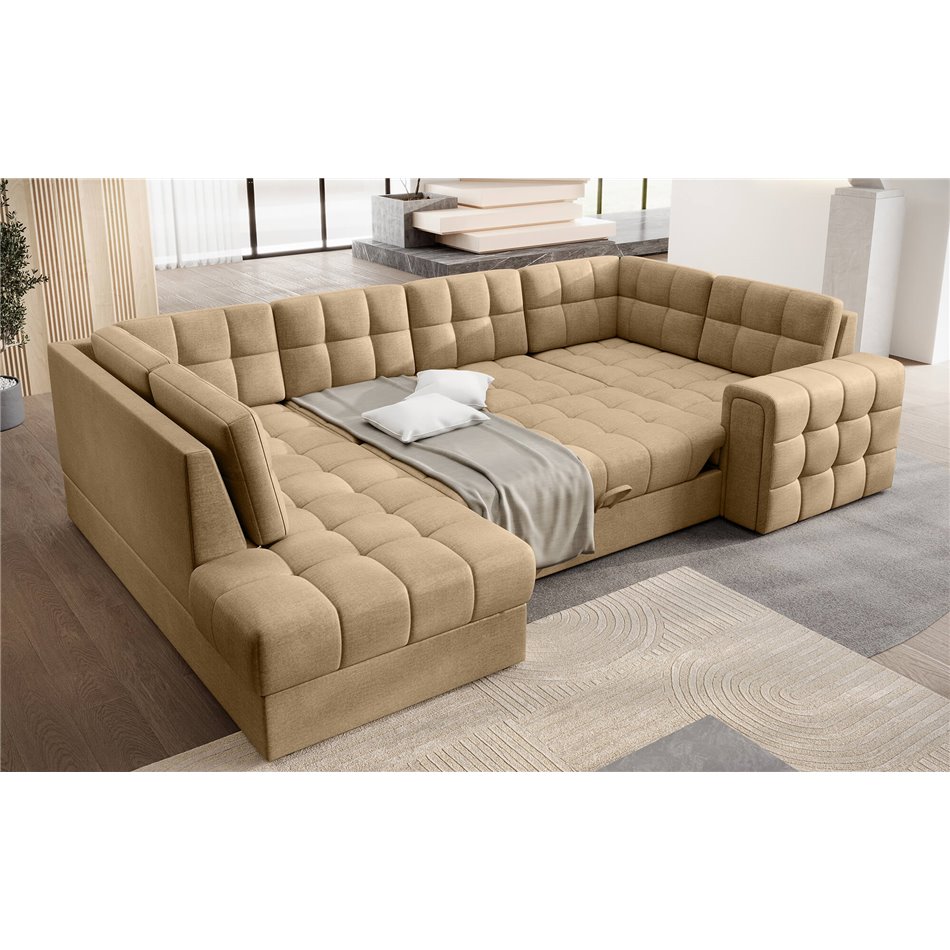 Corner sofa Elewett L, sleeping function, Monolith 09, velvet, light brown, H82x299x198cm