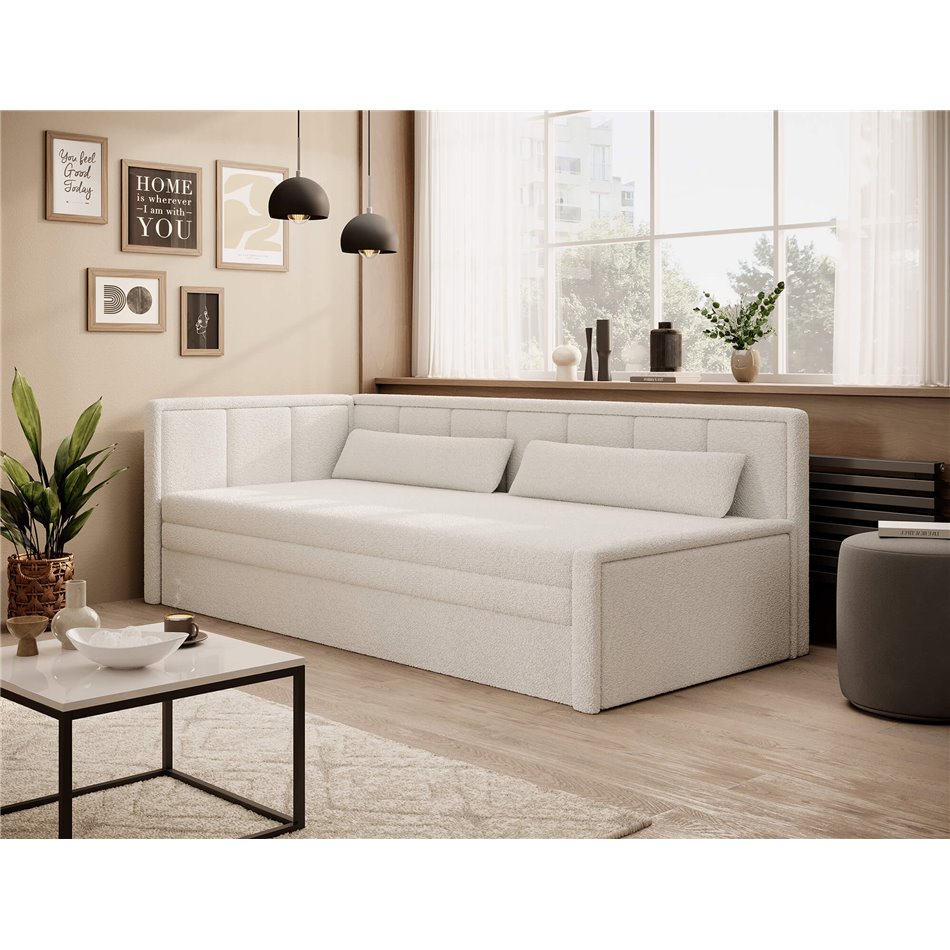 Sofa bed Elfulgeo L, sleeping function, Royal 01, boucle, white, H77x214x82cm